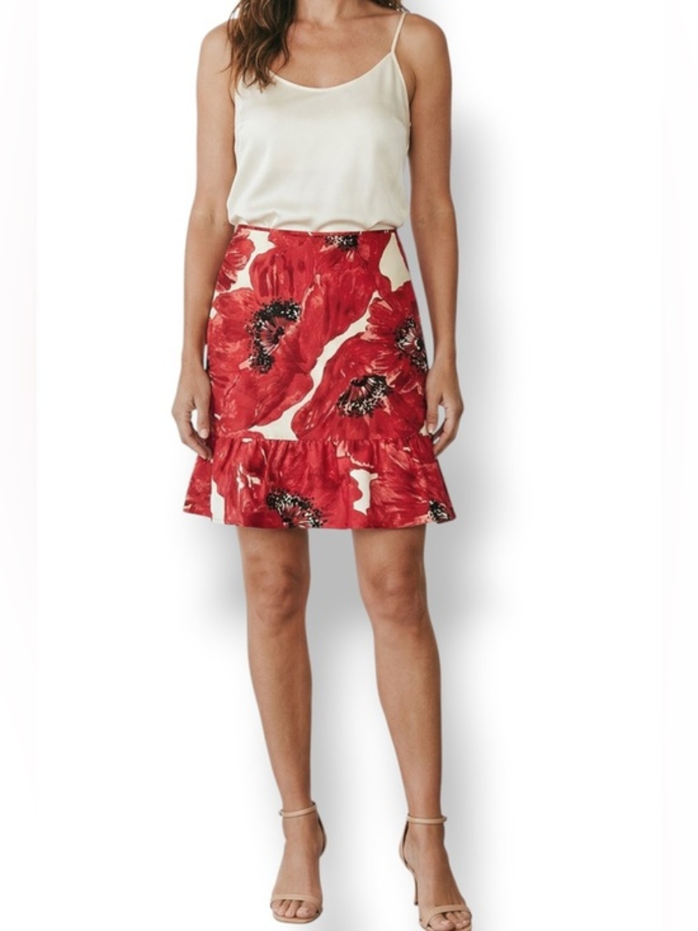 4/$20 Ann Taylor Petites Silk Floral Ruffle Hem Skirt Red Cream Poppy Print 2P